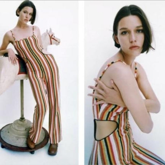 Zara Retro Rainbow Knit Wide-leg Jumpsuit with Side Cutouts Large - Picture 1 of 10